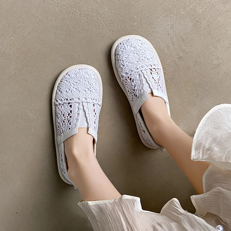 CRLAYDK 2024 Summer Women Lace Jacquard Loafers Woven Hollow Out Lazy Slip On Shoes Beach Breathable Walking Beach Travel Flat