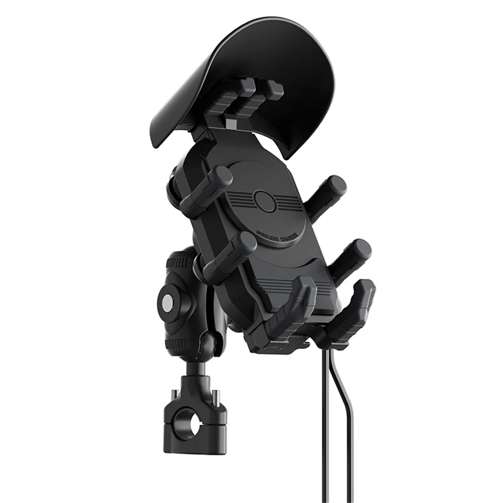

‌15W Wireless Charging Motorcycle Phone Mount Anti-Theft & Octopus Shock Absorber Handlebar Bracket USB-A+C Ports for E-Bike