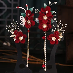 Chinese Classic Bride Wedding Hair Jewelry Accessories Red Rose Flower Tassel Hair Pins Crystal Bridal Hairpins Headpiece BH