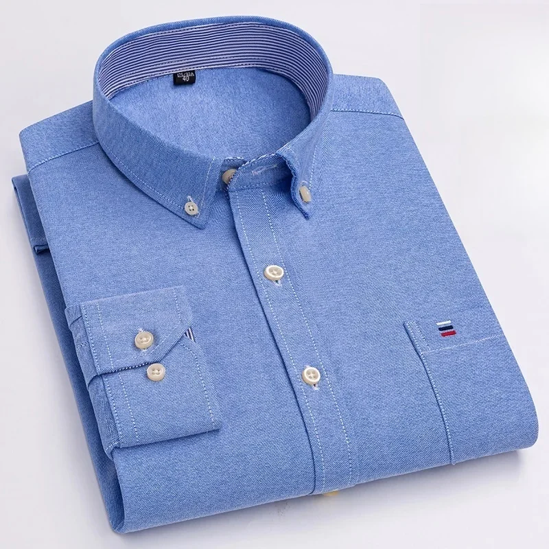 

Мужские рубашки-оксфорды из 100% чистого хлопка, с длинными рукавами, в клетку, мягкая формальная классическая рубашка обычного кроя, карманная социальная блузка, мужская одежда