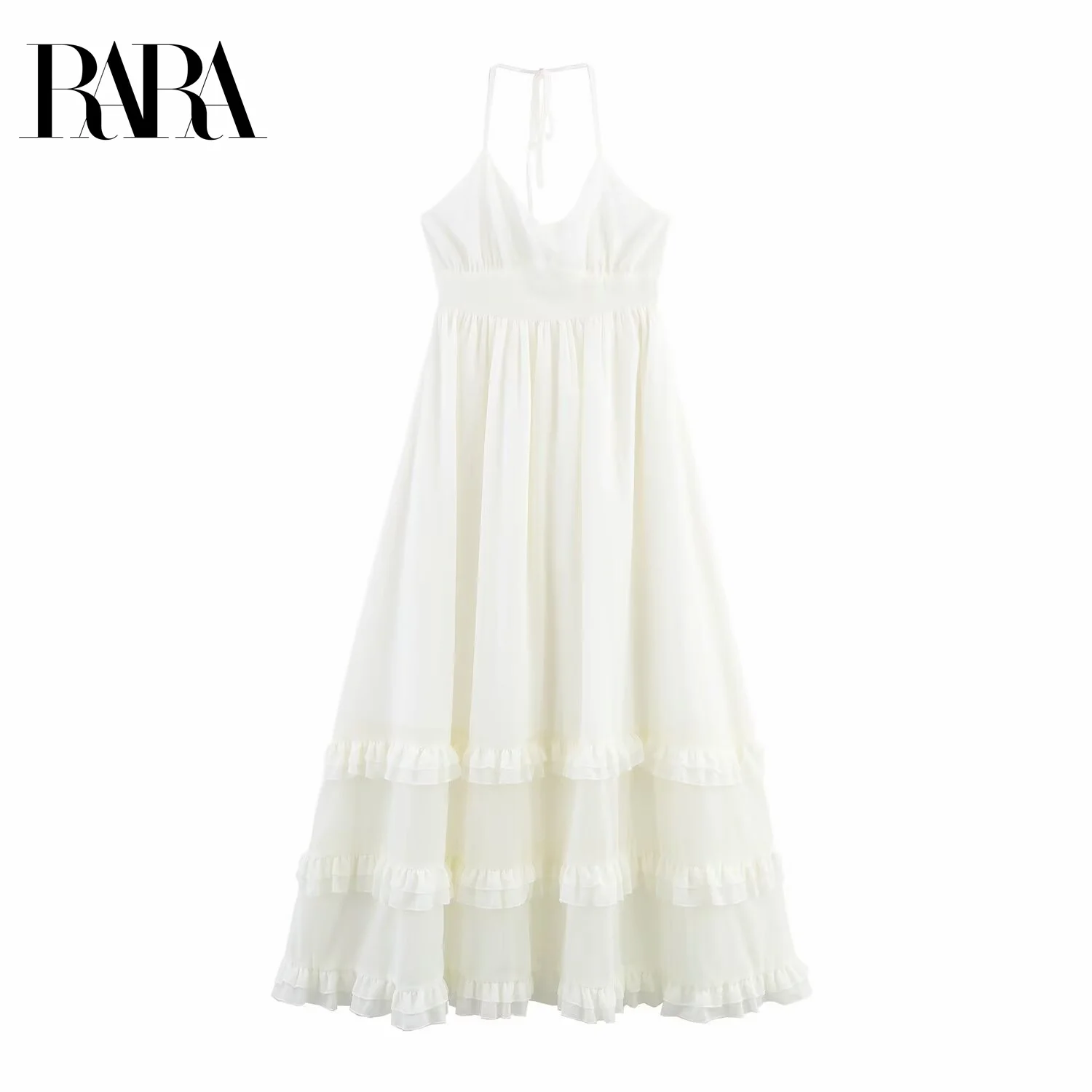 

RARA Womens Sleeveless Off Shoulder Halter Neck Waist Tightening Mid Length Dress with Layered Ruffle Decoration
