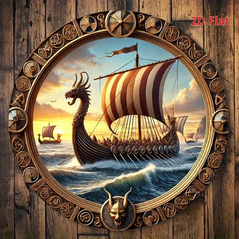Viking Ship Sunset Dragon Boat 2D Flat Aluminum Sign 7.87x7.87 Inch Vintage Round Wall Art Indoor Outdoor Cafe Bar Garden Decor