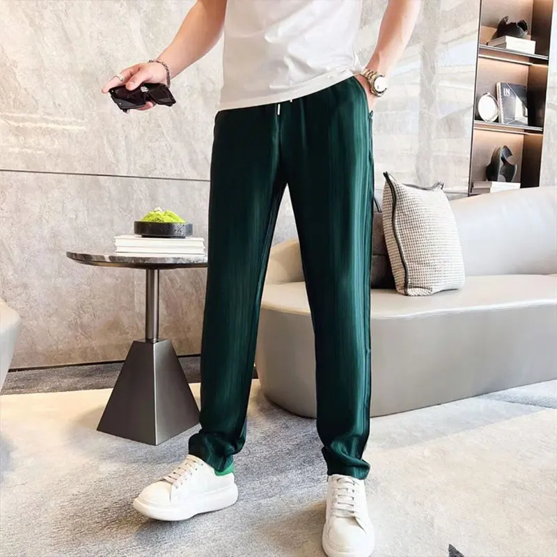 Summer Elegant Fashion Harajuku Slim Fit Male Clothes Loose Casual Sweat All Match Trousers Solid Pockets Straight Leg Pants