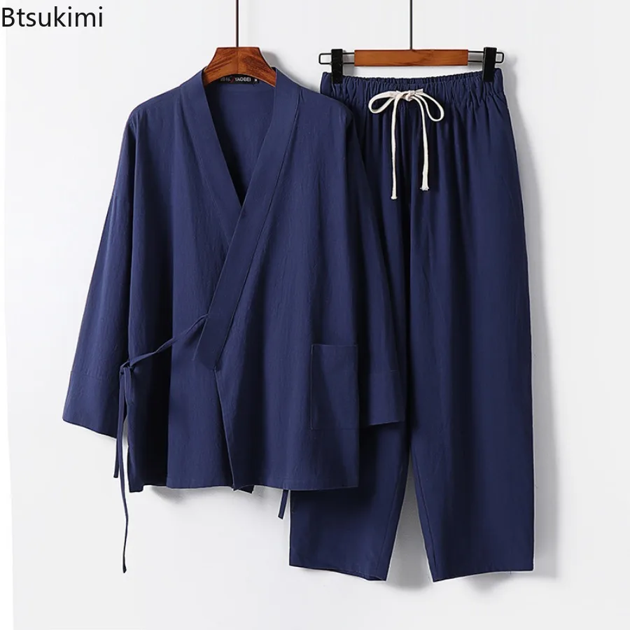 2025 Men's Summer Cotton Linen Two Pieces Chinese Style Lace Up Kimono Tops+Pants Casual Suit Male Vintage Hanfu Tang Suit M-9XL