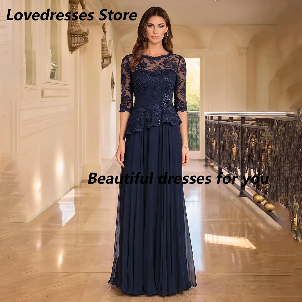 Elegant O NeckMother of The Bride Dresses Women Navy Blue Lace Top Chiffon Long Skirt Formal Evening Party Dress Customized