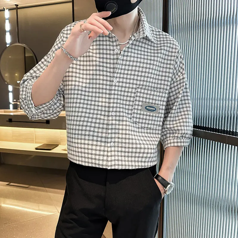 Men Plaided Quad Sleeve Shirt Summer New Slim Casual Thin Cardigan