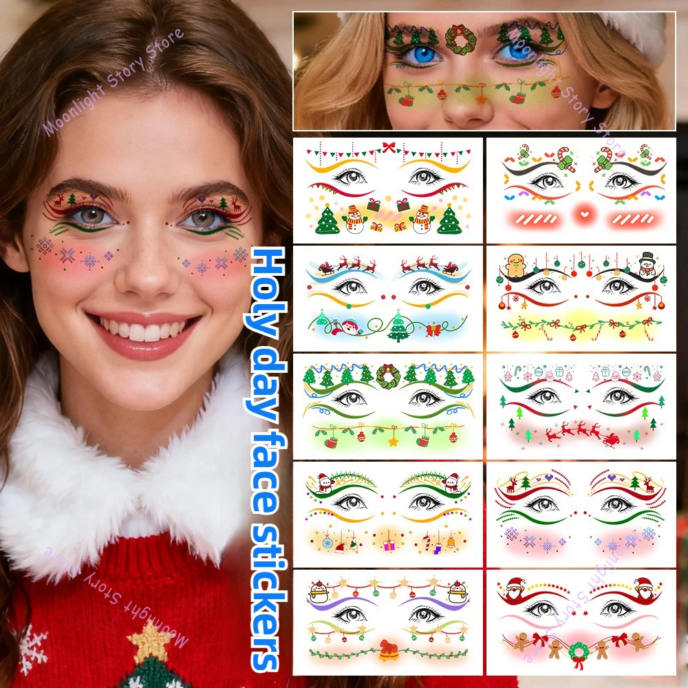 10Pcs Christmas Eye Face Tattoo Sticker Tree Snowman Waterproof Tattoo Makeup Decal Party Festival Women Supply for Decoration
