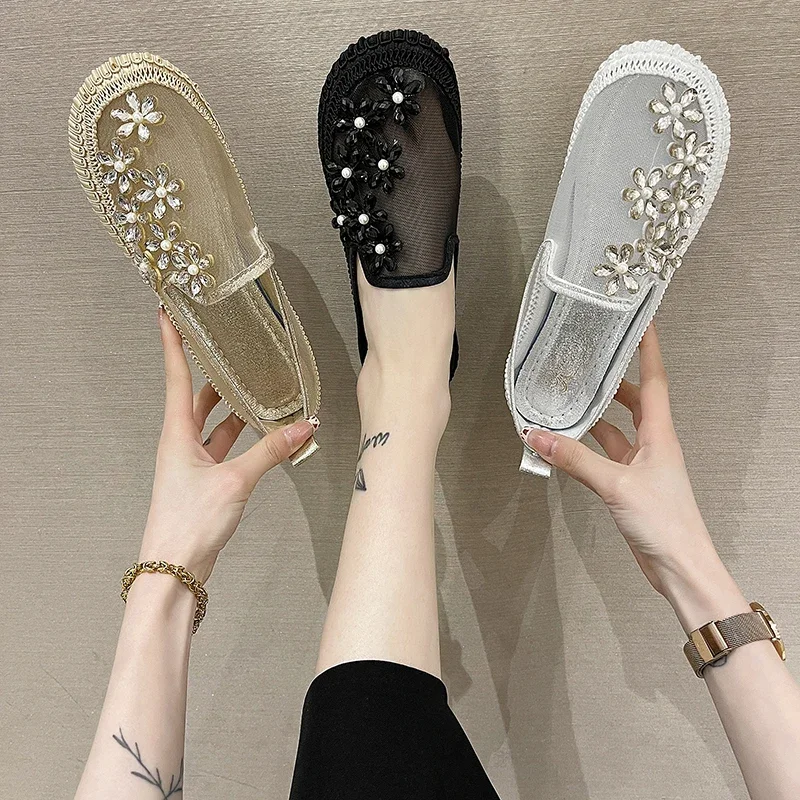 2022 New Lace Mesh Crystal Floral Loafers Shoes Women Comfort Breathable Summer Walking Shoes Woman Fashion Slip-on Ballet Flats