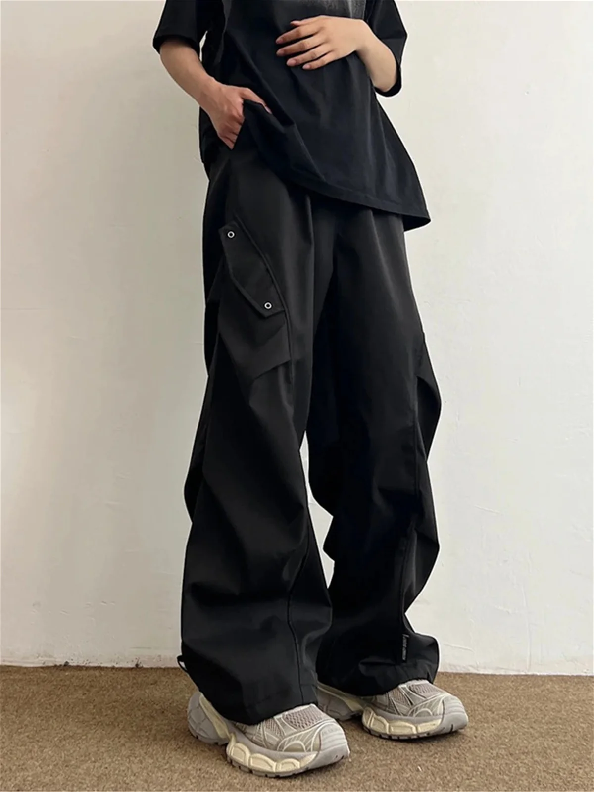 Black Cartoon Cargo Pants Men Solid Wide Leg Trousers Male Quick Drying Streetwear Loose Oversize Korean Hip Hop Punk Pants view 5