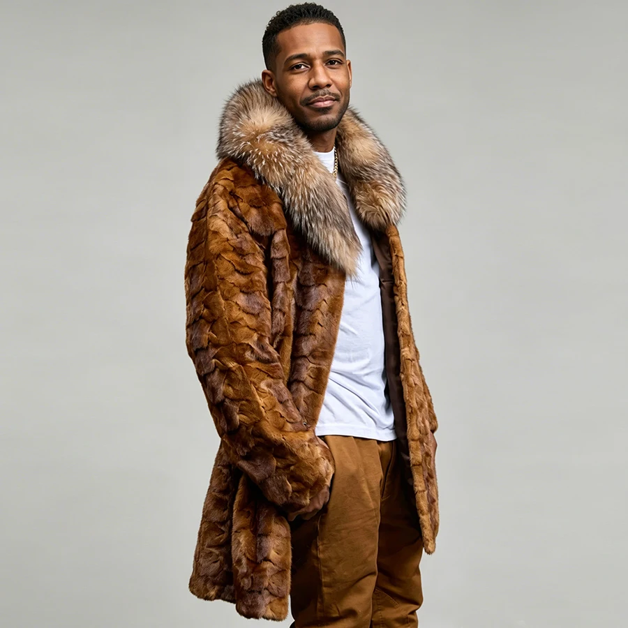 Men's Real Mink Fur Coats With Fox Fur Collar Mid-Length Fur Jacket Cropped Mink Fur Jacket Hot Selling Natural Fur Jacket