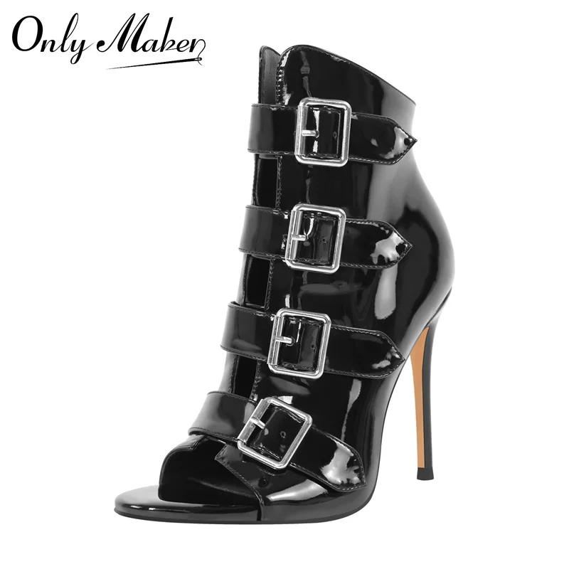 Onlymaker Women Black Patent Leather Peep Toe Buckle Strap stivaletti Party Office Belt Buckle Classic Zipper Boots