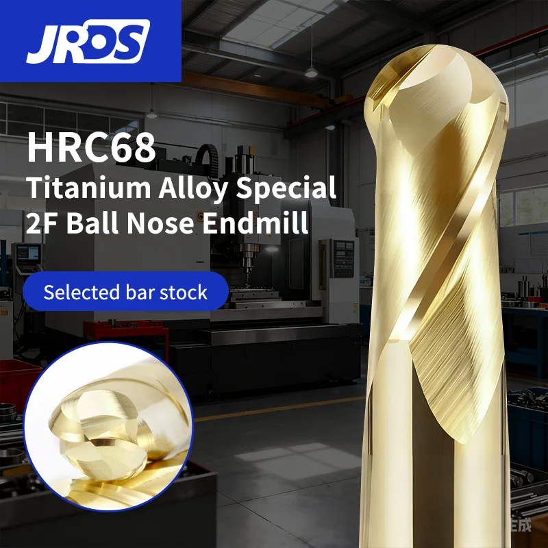 JRDS HRC68 2-FluteGoldenCoated Carbide Ball Nose Milling Cutter, Hardened Ball End Mill for Stainless & Mold Steel HRC68 Cutting