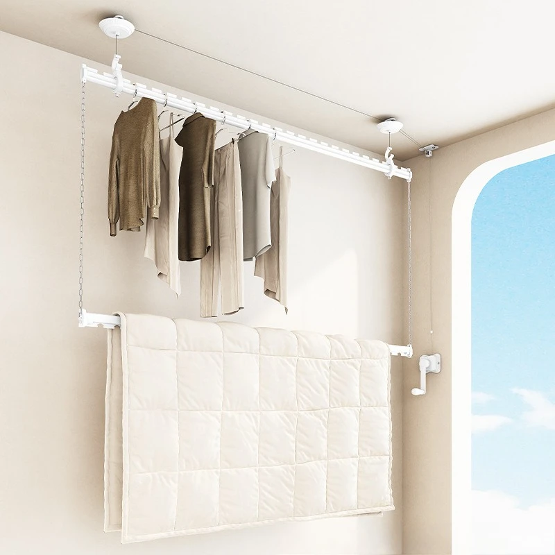 Hand-cranked lifting drying rack, side-mounted balcony household double rod, manual fixed clothes drying rod
