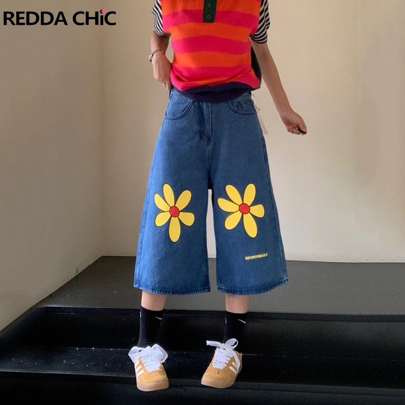 

REDDACHiC Blooming Daisy Denim Short Pants Women Y2k Vintage Wash Printing Floral Baggy Jeans Jorts Casual Summer Streetwear