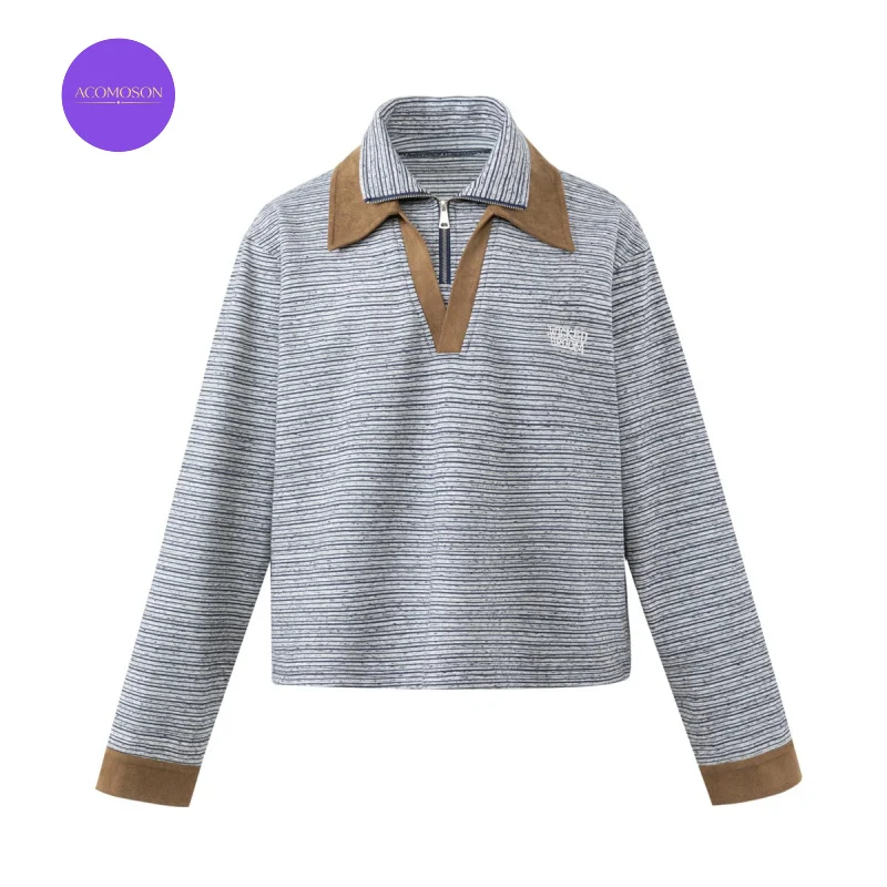 ACOMOSON Premium Quality EU US Size Casual polo shirt Vintage Old Money Fake Two-Piece Striped Turn-Down Collar Polo shirt