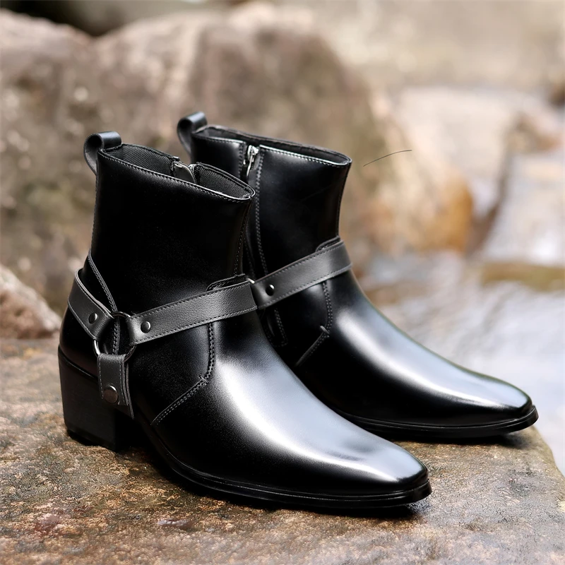 Man Chelsea Ankle Boots Casual Leather Shoes Western Cowboy Boots Black Brown Zip Wedding Office Dress Shoes Men Motorcycle Boot