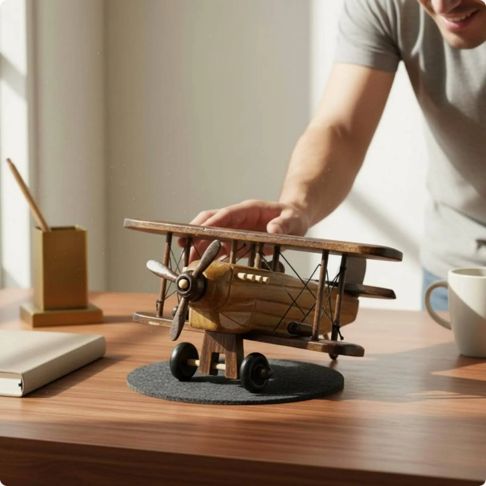 Wooden Biplane Model Rustic Finish Wooden Airplane Model Vintage Biplane Ornament Handmade Look Display Piece Sturdy for Office