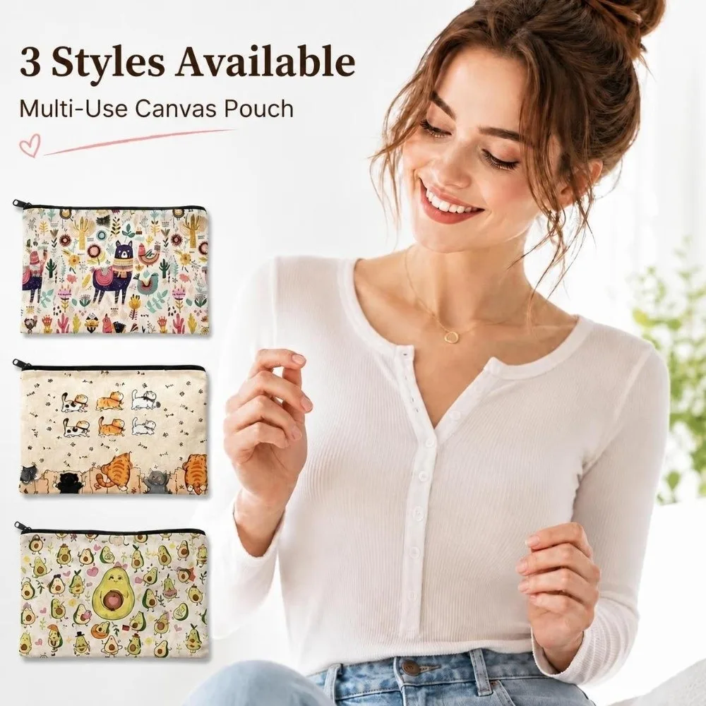 Strawberry Print Makeup Bag Pouch Large Capacity Canvas Stationery Pencil Case Animal Waterproof Cosmetic Bag Organizer