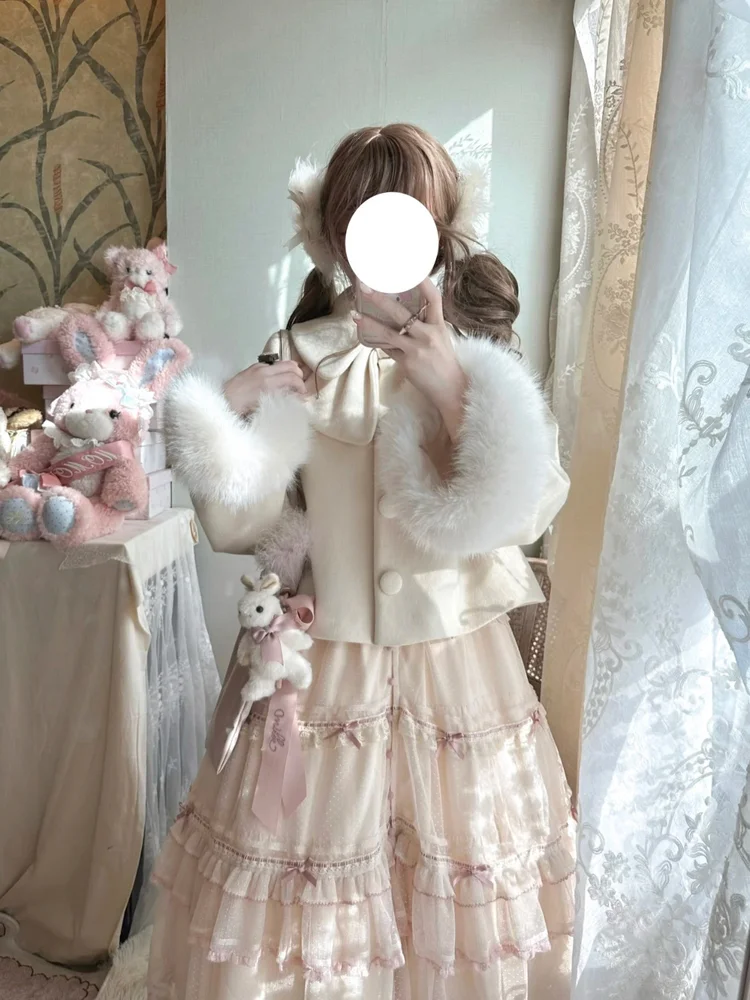 French Autumn Winter Sweet Girls Solid Color Fashion Bow Elegant Gentle Exquisite Cute Romantic Soft Comfortable Short Warm Coat