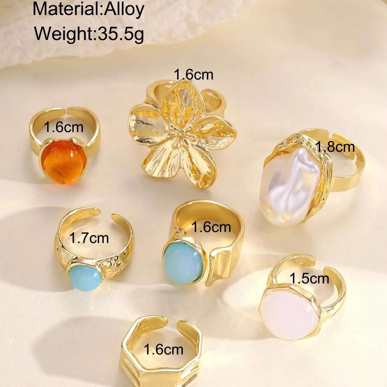 7pcs/set liquid lava flower Design resizable rings y2k ins baroque imitation pearl inlaid gemstone rings for women