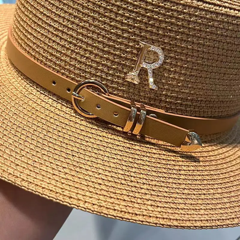 Trendy Luxury Designer Belt Buckle Flat Top Hat Summer Ladies Travel Sunshade Big Brim Straw Hats Retro Women Casual Bucket Cap