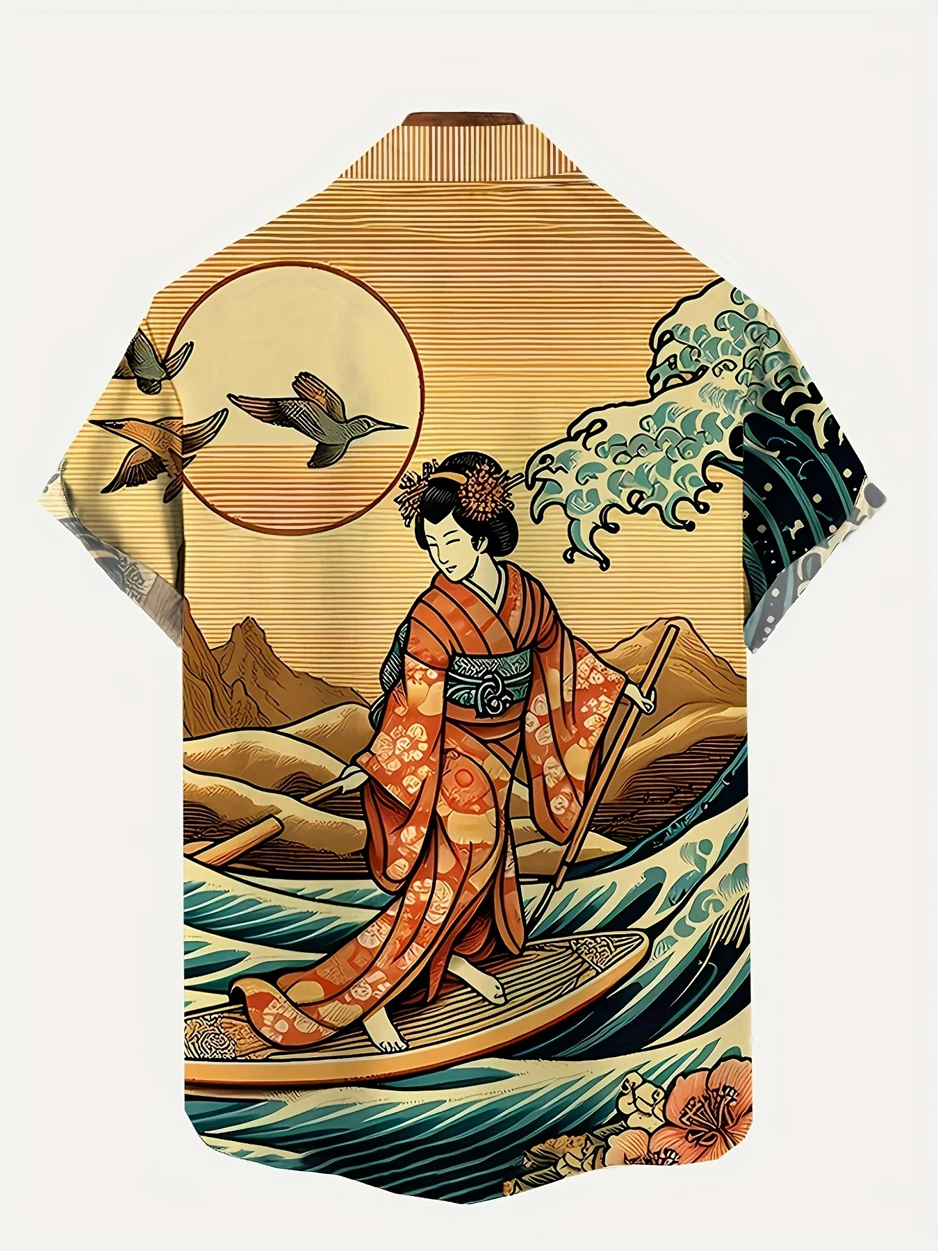 Vintage Ukiyo-e Lady Ocean Wave Mountain Pattern Unisex Short Sleeve Blouse Camp Collar Loose Tropical Vacation Shirt