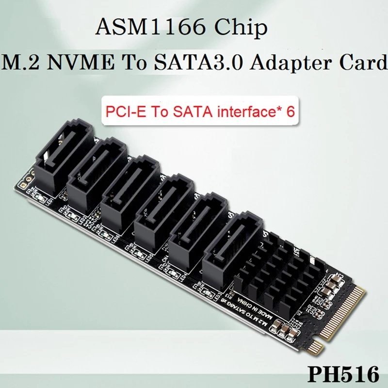 PCIE To SATA 6Gpbsx6-Port Expansion Card M.2 MKEY PCI-E Riser Card M.2 NVME To SATA3.0 ASM1166 Support PM Function