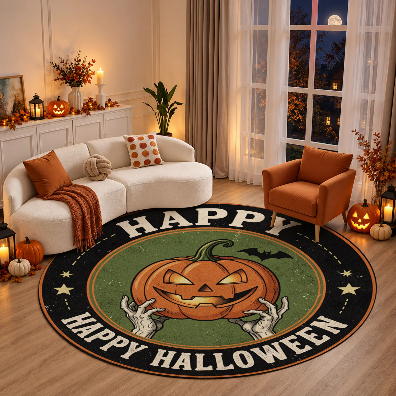 Spooky Jack-o'-lantern Skeleton Hands Design Round Velvet Doormat, Machine Washable, Ideal for Entryway Porch Living Room Kitchen Decor, Suitable for Halloween Thanksgiving Christmas New Year Black Friday Cyber Monday