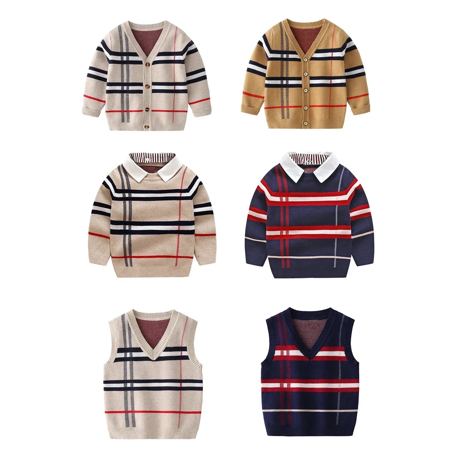 Toddler Kid Boy Sweater Spring Winter Clothes Warm Pullover Top Long Sleeve Plaid Sweater Girl Fashion Gentleman Knitwear 1-8T