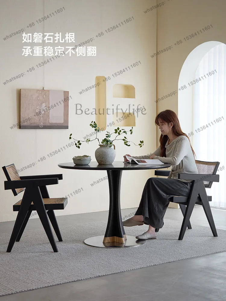 LD solid wood black retro round table household ash wood eating table