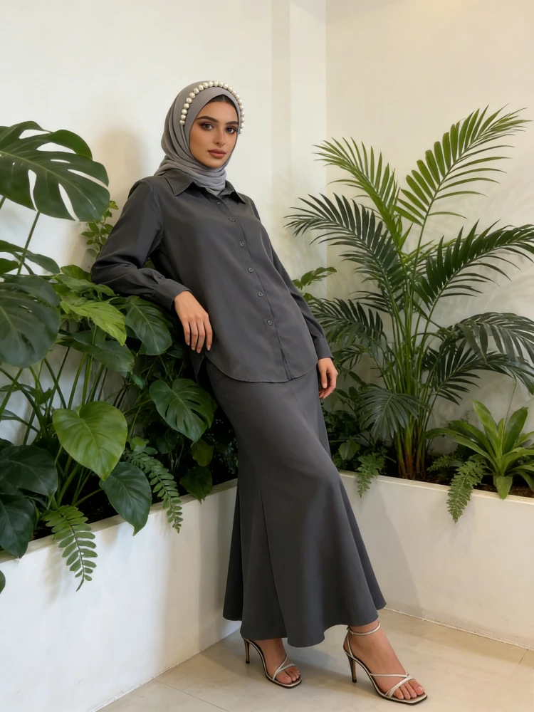 Muslim Spring Shirt Skirt Set Women Two Piece Slim Fit Sexy Turn Down Collar Office Lady Shirt Tops Mid Length High Waist Skirt