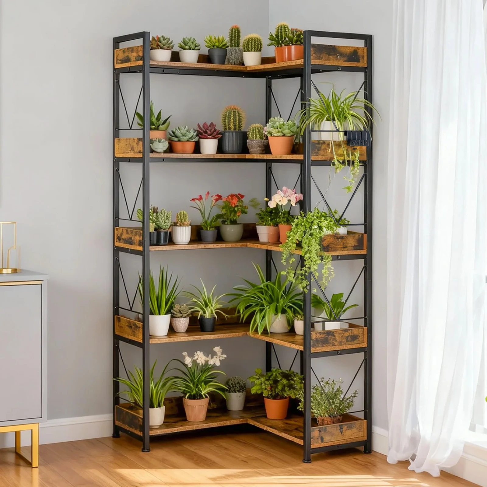 JHK 65 Inch L Shaped 5 Tier Corner Bookshelf Bookcase with Hooks and Edge Industrial Pantry Shelves with Metal Frame Wooden Open Storage for Living Room Home Office
