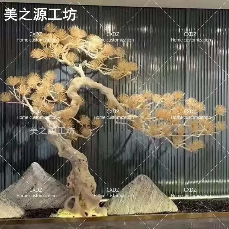 Simulation Pine Cedar Large Masson Pine Fake Tree Welcome Pine Solid Wood Carving Decorative Landscaping Entrance Ornament