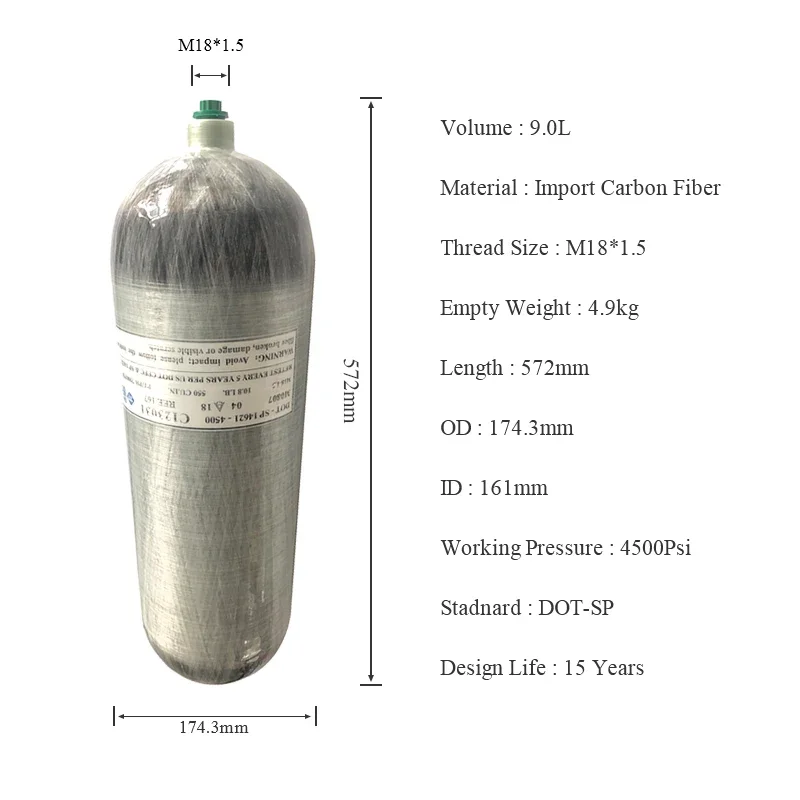 Acecare 6,8 l Punkt-Kohlefasertank 416 Cu.in. 4500 psi Lufttank 72 cu ft Tauchtank Füllstation Paintball Tauchen M18 x 1,5