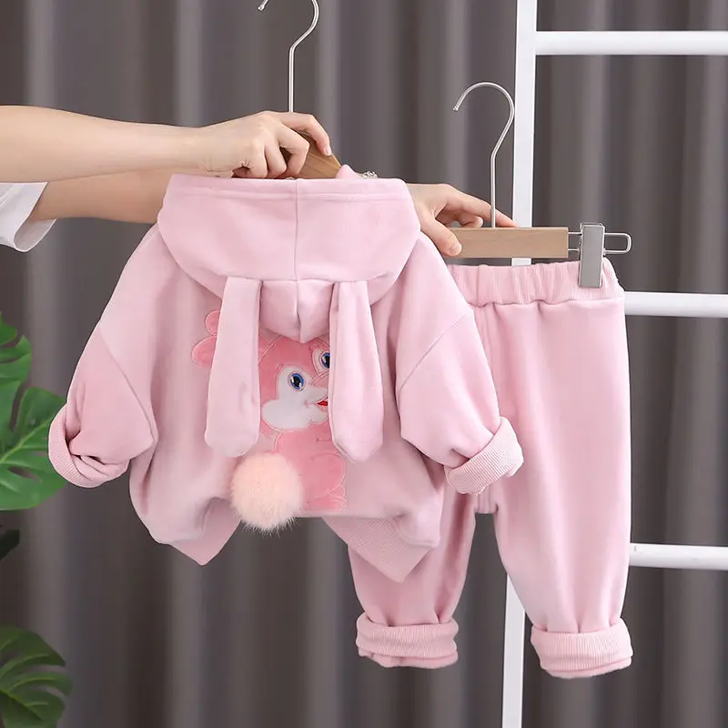 Autumn Winter New Baby Girls Clothing Set Lining Plush Thick Cartoon Rabbit Ear Hoodie+Pants 2Pcs For 1-6Y Kids Warm Casual Suit