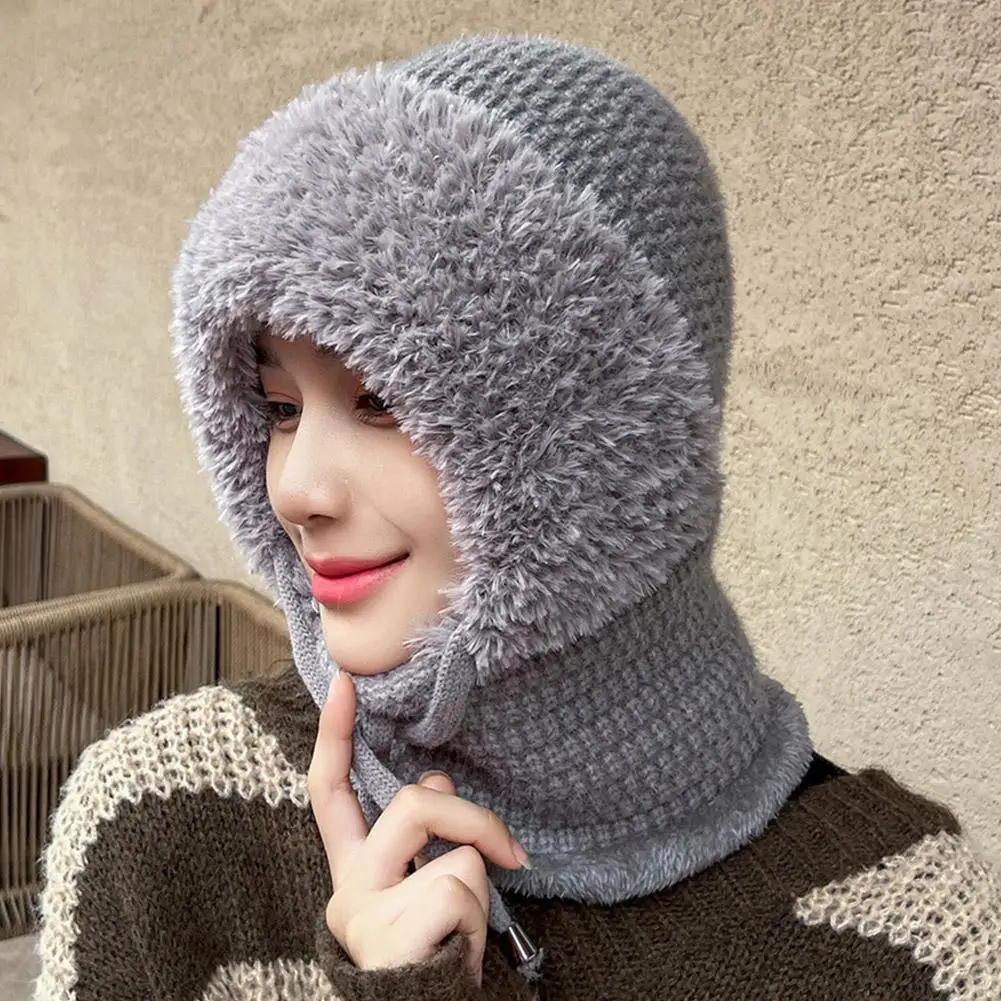 Women Winter Velvet Knitted Woolen Balaclava Hat Ear Protection fluffy Hat Mask Neck Integrated Warmth Cover Hat lady hooded cap