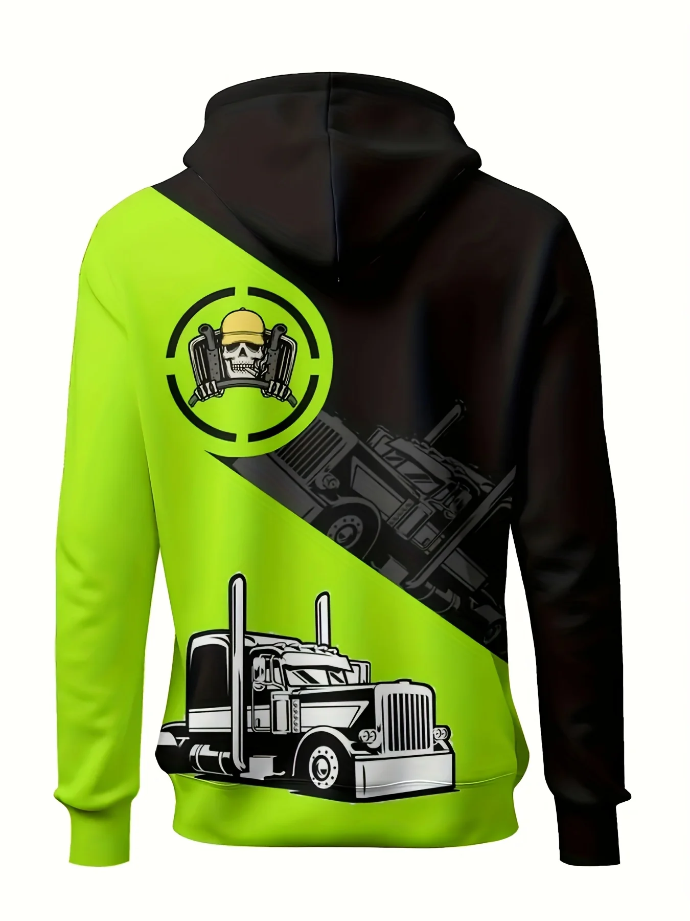 Men's truck themed hoodie with green and black contrasting stitching, suitable as an exclusive gift for outdoor enthusiasts