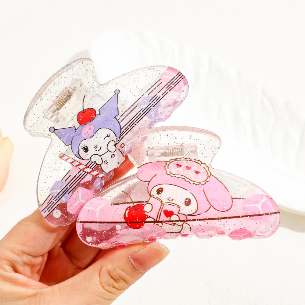 مشابك شعر لامعة شفافة تتميز بمي ميلودي وردي، كورومي أرجواني، بوشاكو أخضر، وشخصيات كرتونية هالو كيتي الوردية