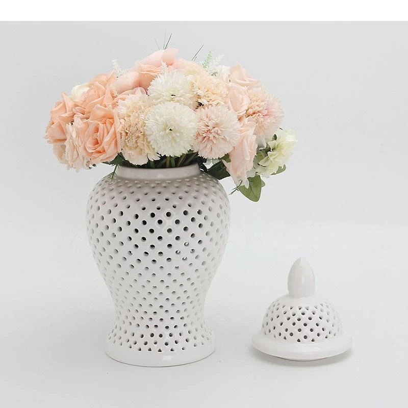 Minimalist Hollow Crafts General Jar with Lids White Ceramic Storage Cosmetic Containers Artificial Flower Decorative Vases
