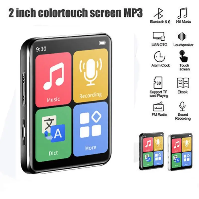 

Mp3-плеер с Полноразмерным экраном 2,0 дюйма, MP4-плеер для спорта на открытом воздухе, Bluetooth 5,0, сенсорный экран, спортивный, без потерь, Hi-Fi, музыка, FM-радио, портативный