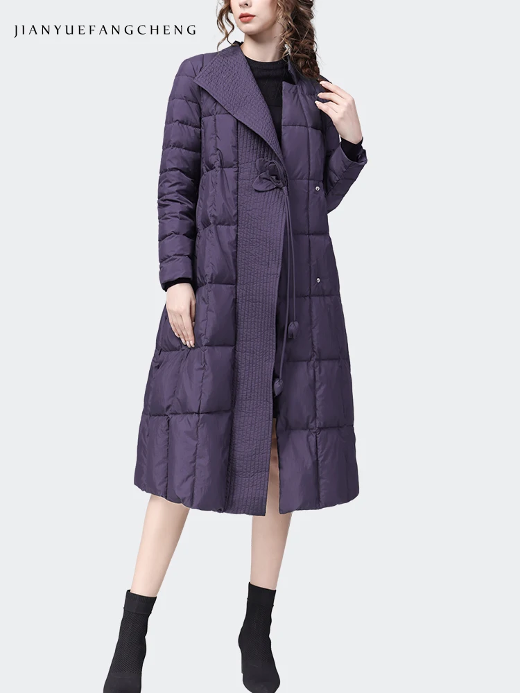 Women Winter Purple Long Down Jacket Over-knee Loose Casual Dresses Warm Lightweight White Duck Down Padding Trench Coat