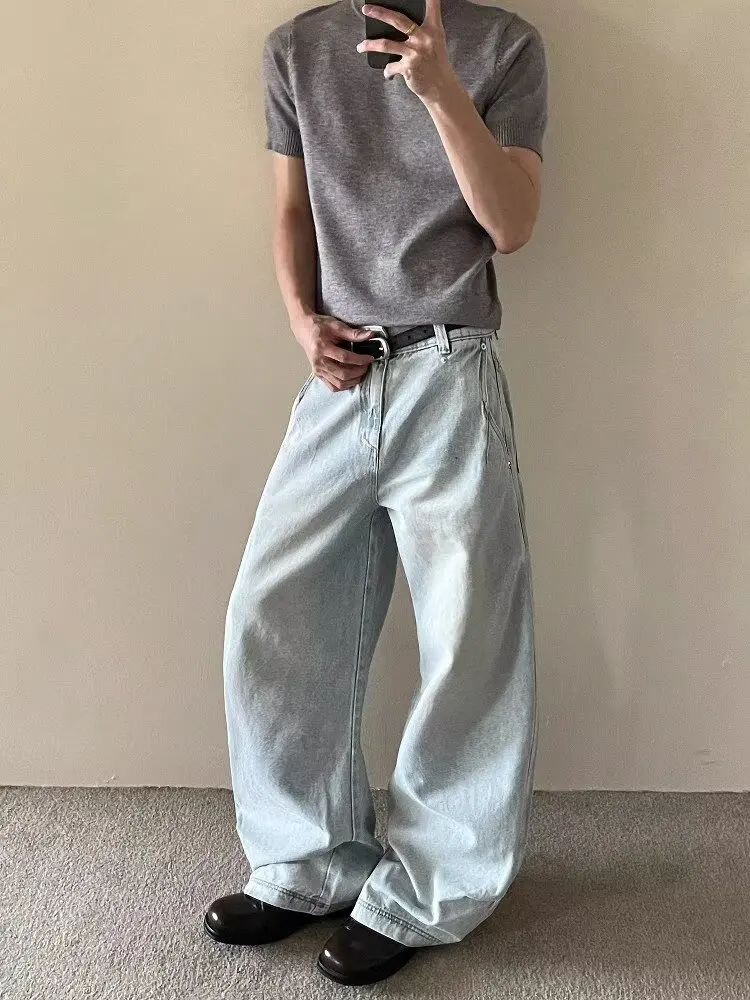 

American Waed Folded Arc Blade Jeans Men Summer Draped Wide Leg Loose Bf Lazy Sle Straight Leg Casual Breathable Jeans