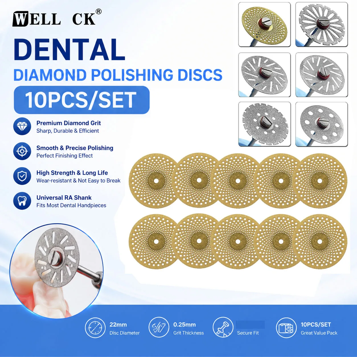 10Pcs WELLCK Dental Diamond Cutting Disc Mandrel Wheel Ultra-thin Double Side Sand Porcelain Polishing Grit Disk Dentistry Lab