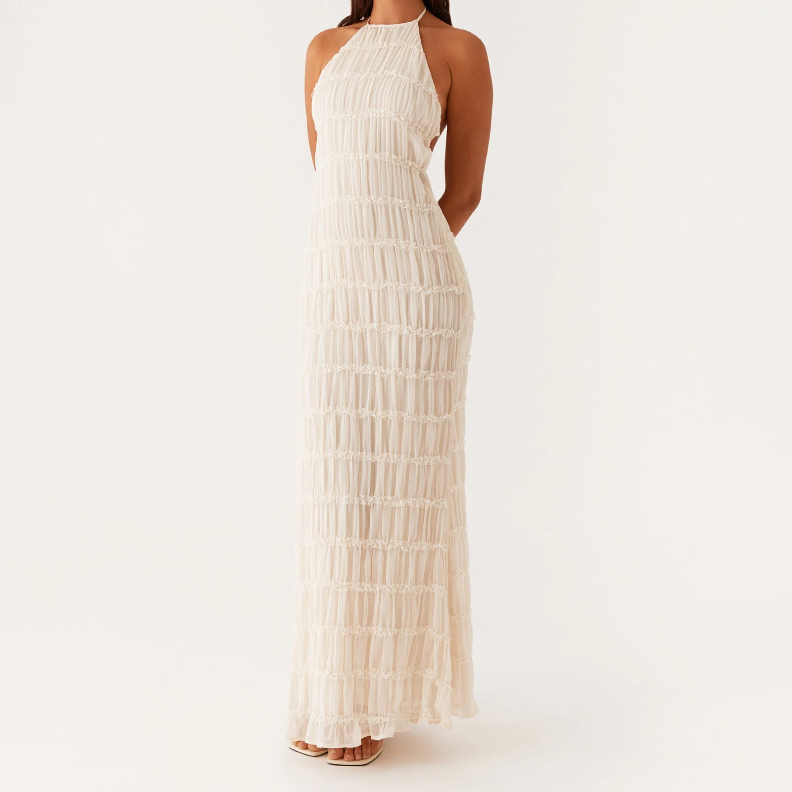 Women Halter Neck Maxi Dress Sleeveless Lace Tiered Smocked Long Dress Sexy Backless Party Vacation Beach Sundress