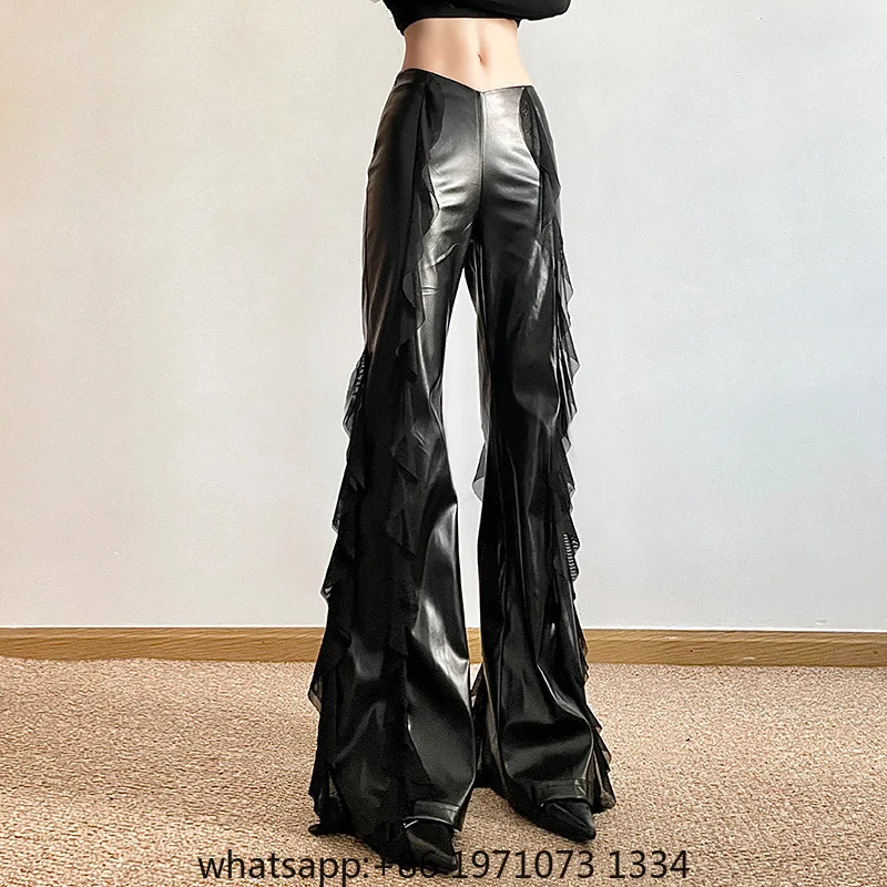 Goth Dark Streetwear Faux Pu Patchwork Mesh High Waist Trousers Mall Gothic Zip Women Casual Flare Pants Punk Style Alt Bottoms