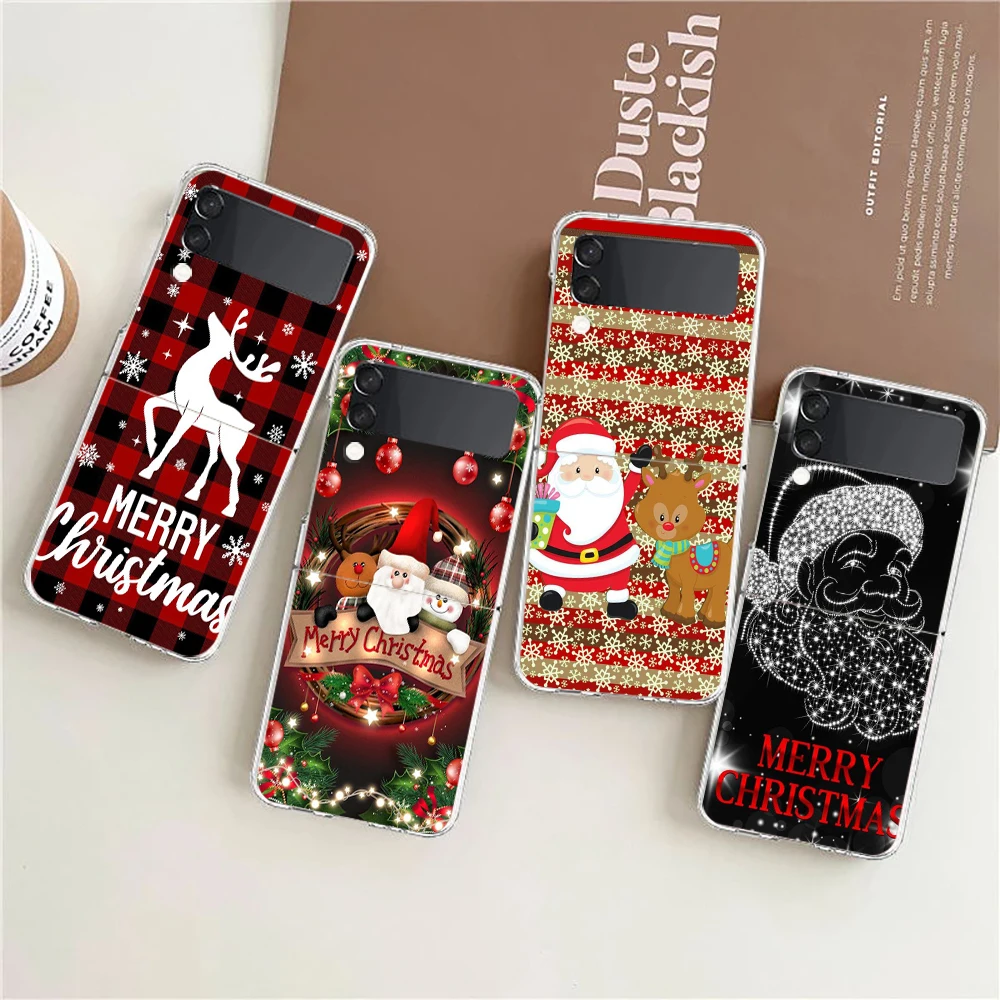 Merry Christmas Hard PC Phone Case For Samsung Galaxy Z Flip 5 4 3 Transparent Cover For Galaxy Z Flip 6 Foldable Shockproof Bag