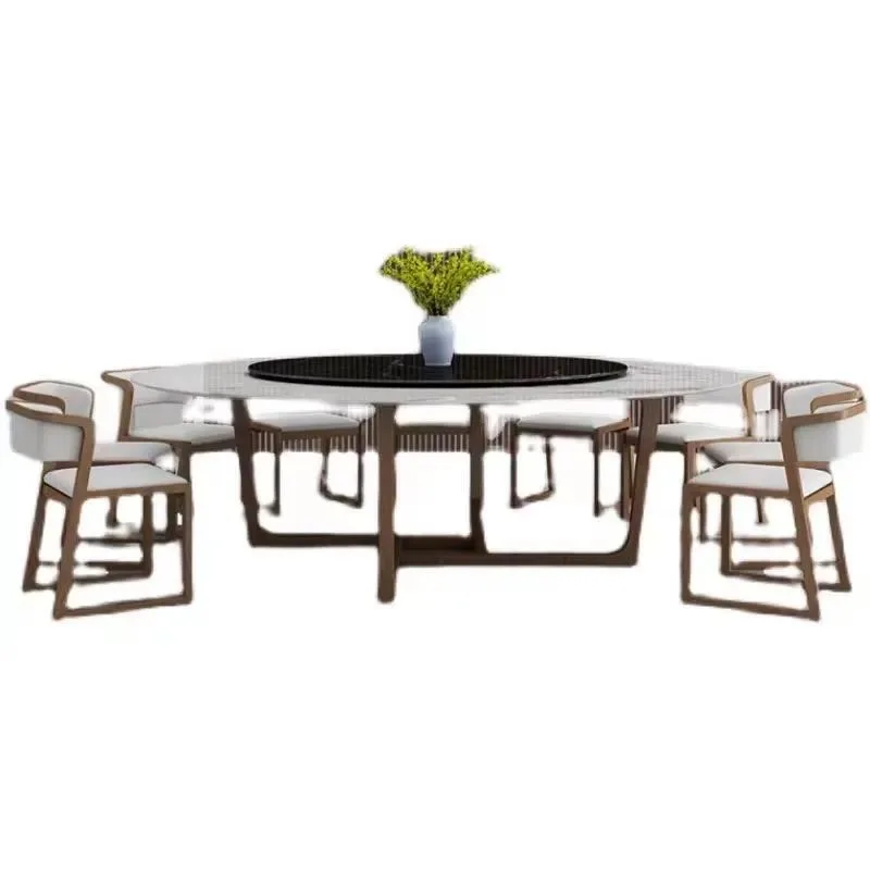 Nordic Marble Round Dining Table Solid Wood 10 Seater Large Villa Restaurant Furniture Set