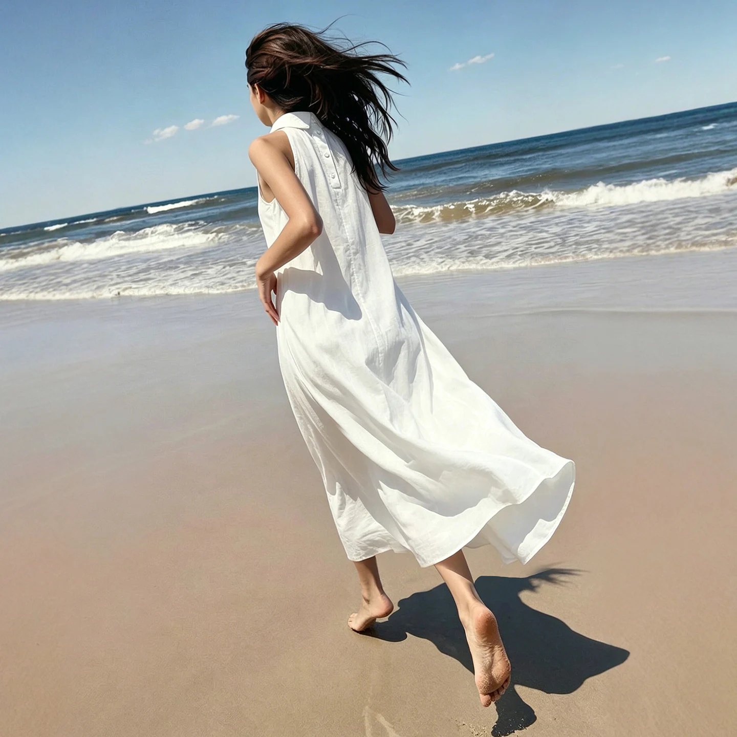 Women's Sleeveless Lapel A-Line Dress with Back Buttons
