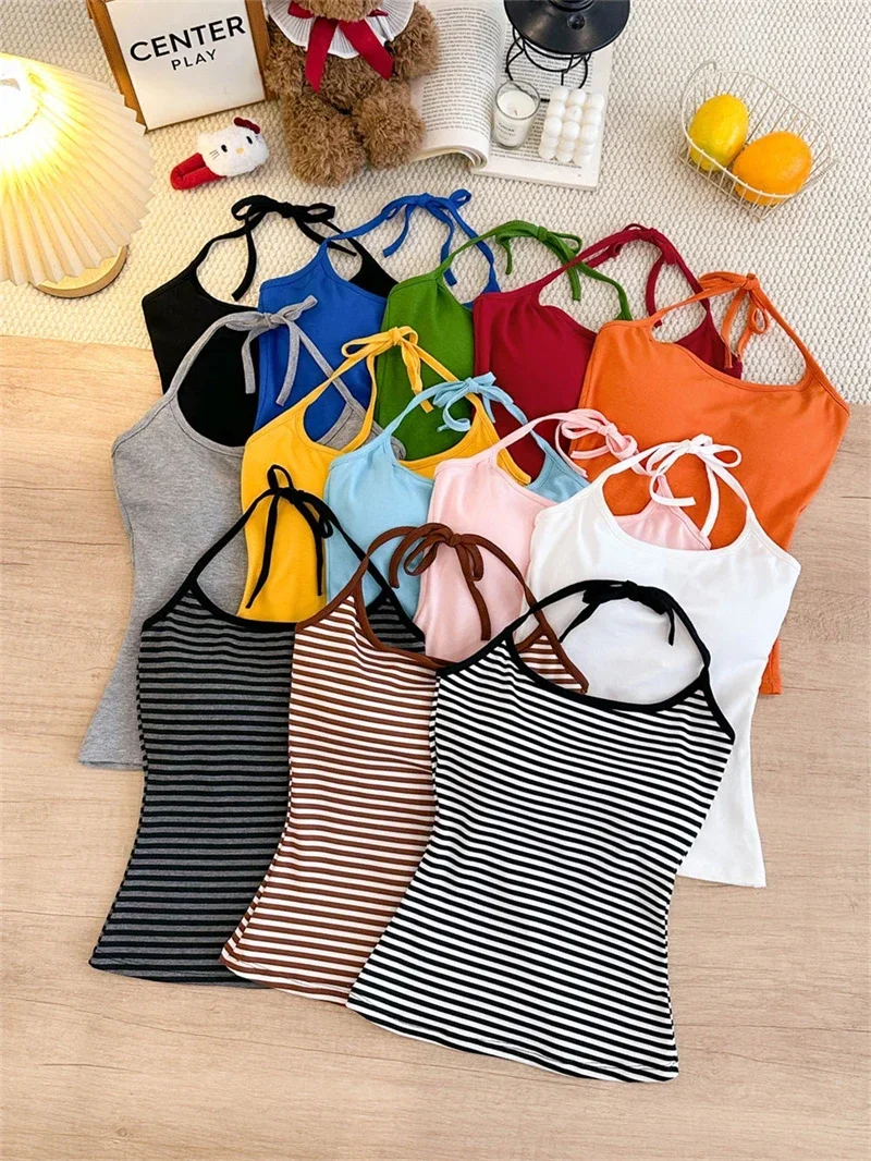 Koreanischer Stil Mehrfarbiges Crop-Top mit Bindeband und integriertem BH-Pad – Sexy, eng anliegendes Tanktop für Damen – Detail 1