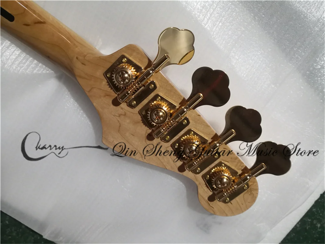 4 strings bass guitar, jaz bass Pink Silver powder particles body,gold buttons,white pearl pickguard fixed bridge gold tuners